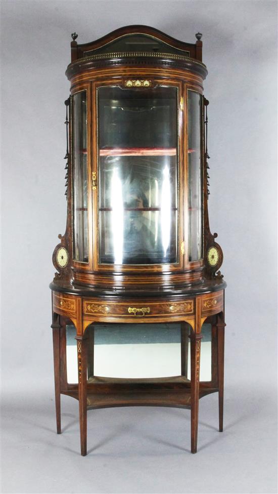 Edwards and Roberts. A late Victorian marquetry inlaid rosewood demi lune display cabinet, W.3ft D.1ft 6in. H.6ft 11in.